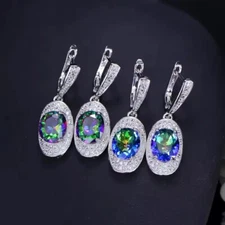 CZ Big Oval Shaped Multicolor Fire Dark Blue Crystal Huggie Drop Dangle Earrings