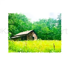 ACEO ATC Art Card Watercolor Print Signed Wildflower Mountain Barn Farm