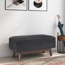 Simpli Home Owen 36" Faux Leather Storage Ottoman in Distressed Black