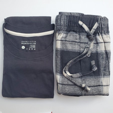 Perry Ellis Portfolio Men  s Pajama Set Knit Top  Flannel Pants Black/Gray L
