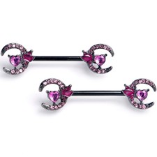 14G 9/16 Pink Gem Black Butterfly Heart Moon Barbell Nipple Ring Set