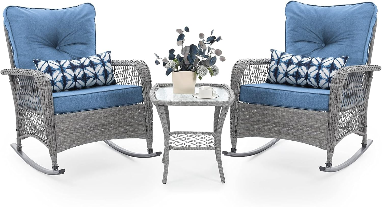 UDPATIO 3 Piece Patio Furniture Set, Wicker Rocking Bistro Set with 2 Rockers, 1