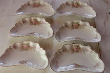 6 Antique JOHNSON BROS CRESCENT SHAPE PINK FLOWERS BONE DISHES PLATES ENGLAND