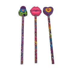 LOT OF 3 LISA FRANK PENCILS W ERASER TOPPERS LEOPARD PURSE PINK LIPS HEART