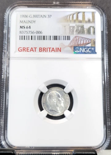 1906 GREAT BRITAIN 3 PENCE MAUNDY KING EDWARD VII NGC MS 64 SCARCE BU