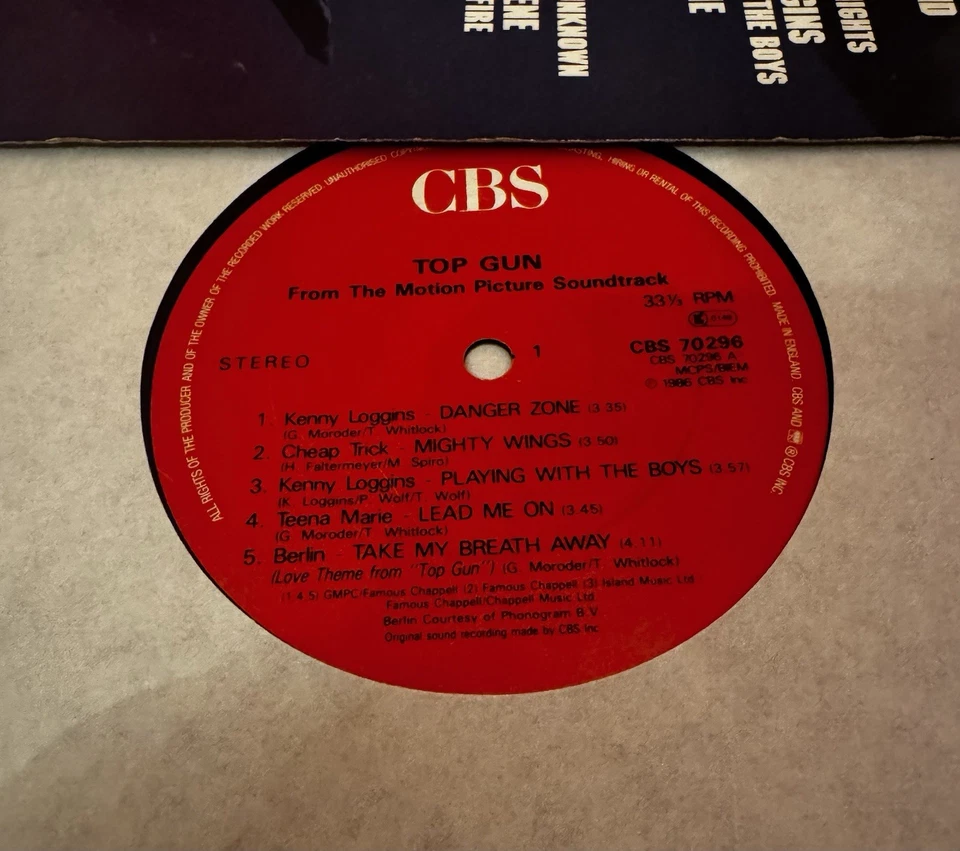 Top Gun Original Movie Soundtrack Vinyl 12"LP 1986 Album Kenny Loggins CBS 70296 - Image 4 of 4
