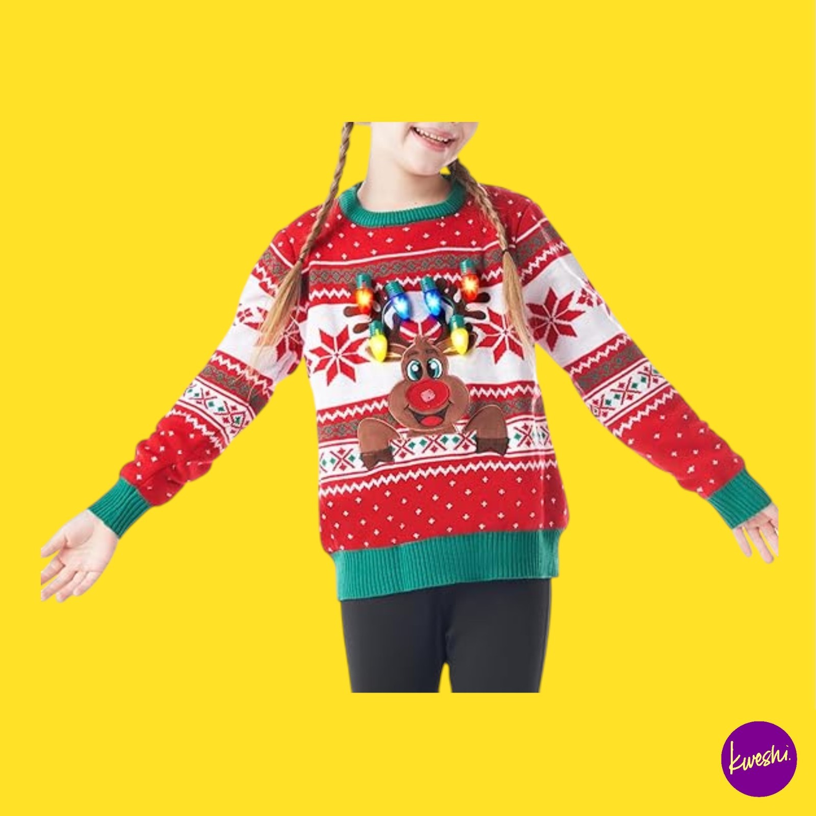GIGGLING GETUP Kids Light Up Reindeer Ugly Christmas Sweater, Red, UK M | 8-10Y