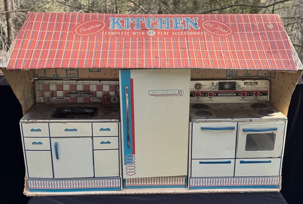 Vintage WOLVERINE Kitchen 3 toy Play Set Refrigerator Stove Sink