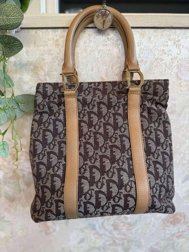 Christian Dior Trotter Tote Bag Canvas Leather Brown Gold Hardware