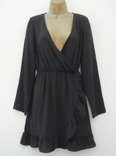 MISSGUIDED BLACK FIX WRAP LONG SLEEVE RUFFLE TRIM TEA DRESS SIZE 12 BNWT