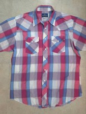 Wrangler Vintage Men's Short Sleeve Plaid Pearl Snap Shirt Pink, Blue White L