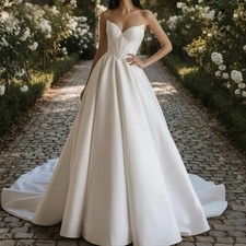 Elegant Satin Wedding Dresses Strapless A-Line Draped Floor-Length Bridal Gowns