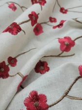 Designer Linen Cherry Blossom Embroidery Drapery Upholstery Fabric Sold Bty