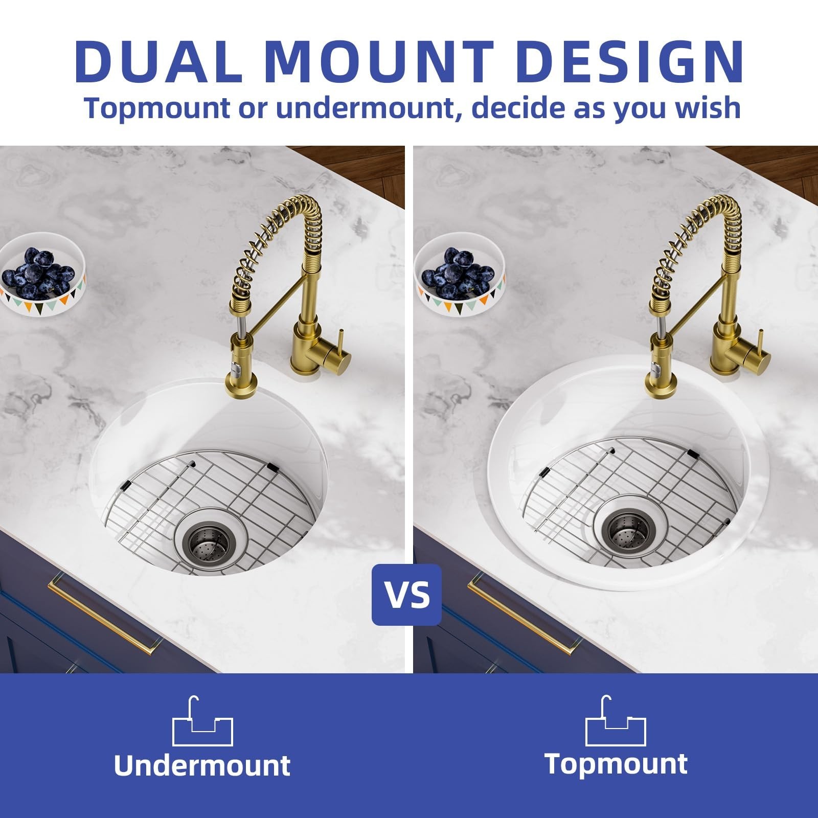 Davivy 18 Inch White Bar Sink Fireclay, 18x18 Dual-Mount White Round Bar Prep...