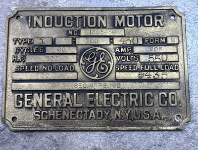 #ad #ad Vintage General Electric GE Induction Motor Nameplate 200 HP Industrial Brass $99.99