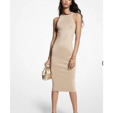 NWT MICHAEL KORS Metallic Gold Stretch Viscose Tank Dress Sz Large Sparkle Party