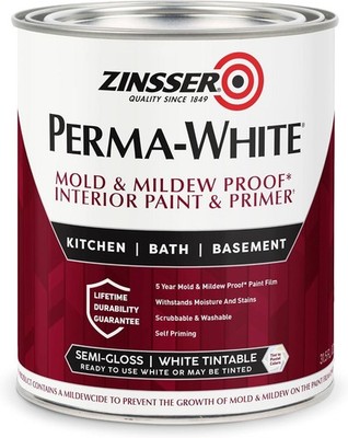 Zinsser, PERMA-WHITE Mold & Mildew-Proof Interior Paint, 1 Qt Semi-Gloss- 02754
