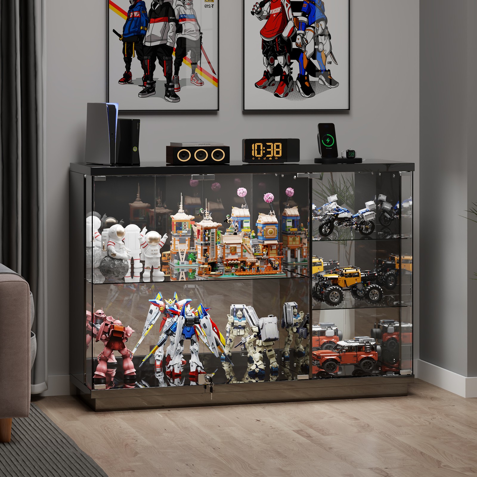 Gurexl Glass Display Cases with Human Sensor and 3 Color Lights for Collectibles