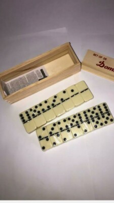 Premium Set of 28 Double Six Dominoes with Wood Case, Brown, 28 Piece (12-2408).