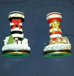 Christmas-Nautical Lighthouse/Sea Shore~Gift Danbury Mint Candlestick Holders