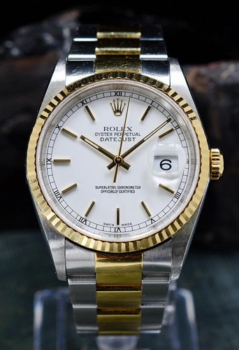 Rolex Oyster Datejust 16233 White Dial Gold/Steel 36mm Watch w/ Box & Papers