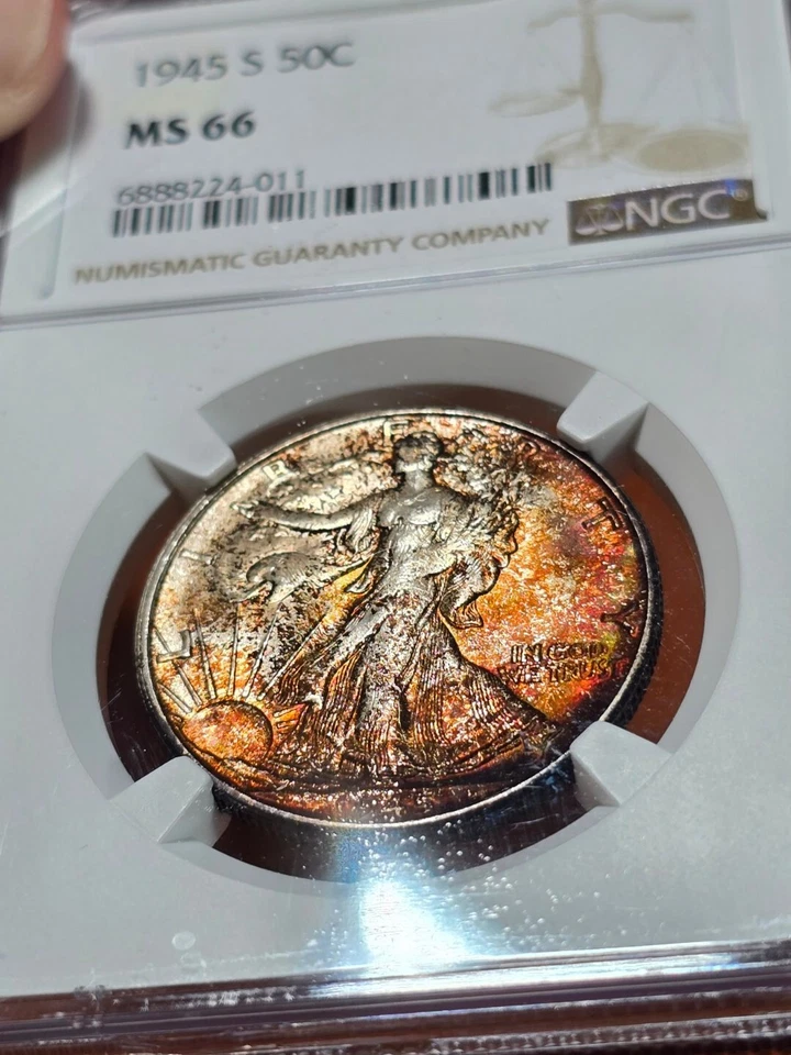 1945 S Walking Liberty Half Dollar NGC MS66 Rainbow Toned Amazing Bright Color - Image 2 of 4