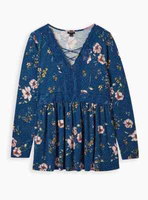 Torrid Babydoll V Neck Lace Up Lace Trim Top Floral Blue 2 2X 18 20 #B25914