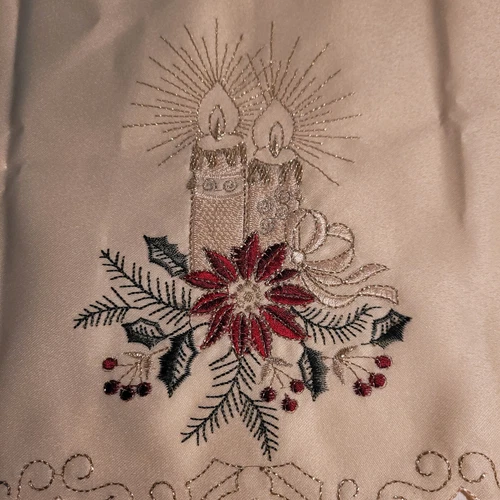 Christmas Candle Doily Table Linen Embroidered Off White 19" x 14" Vintage