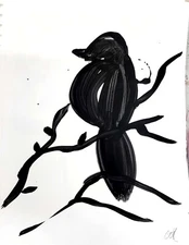 CORBELLIC MONOCHROMATIC 12X12 BIRD BATH GALLERY INK PAINTING SIGNED ORIGINAL