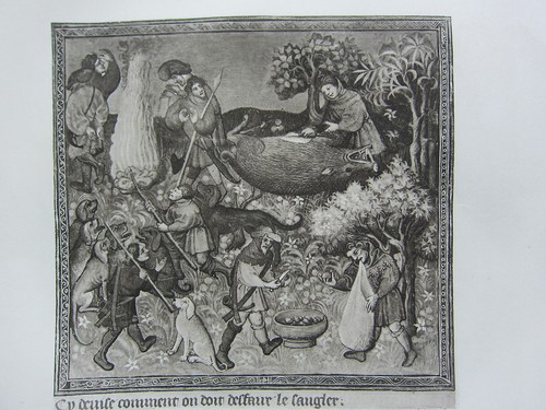ANTIQUE HUNTING PRINT ~ THE "UNDOING" OF WILD BOAR PREPARING REWARD FOR HOUNDS