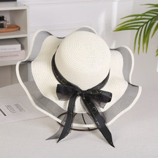 Foldable Big Brim Floppy Girls Straw Sun Hat with Bowknot Shading Beach Cap