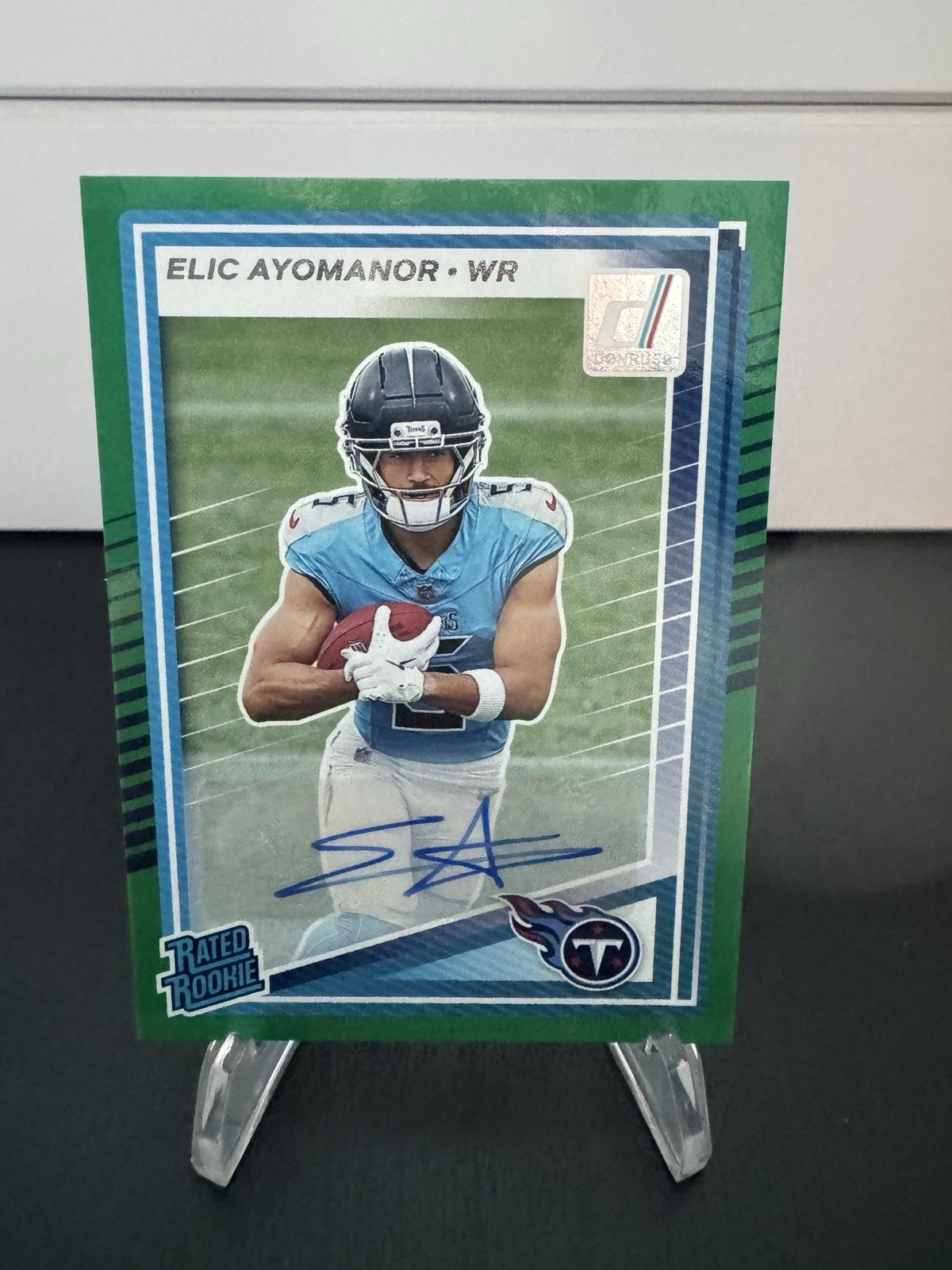 2025 Panini Donruss Elic Ayomanor Green Rated Rookie Auto RC Titans