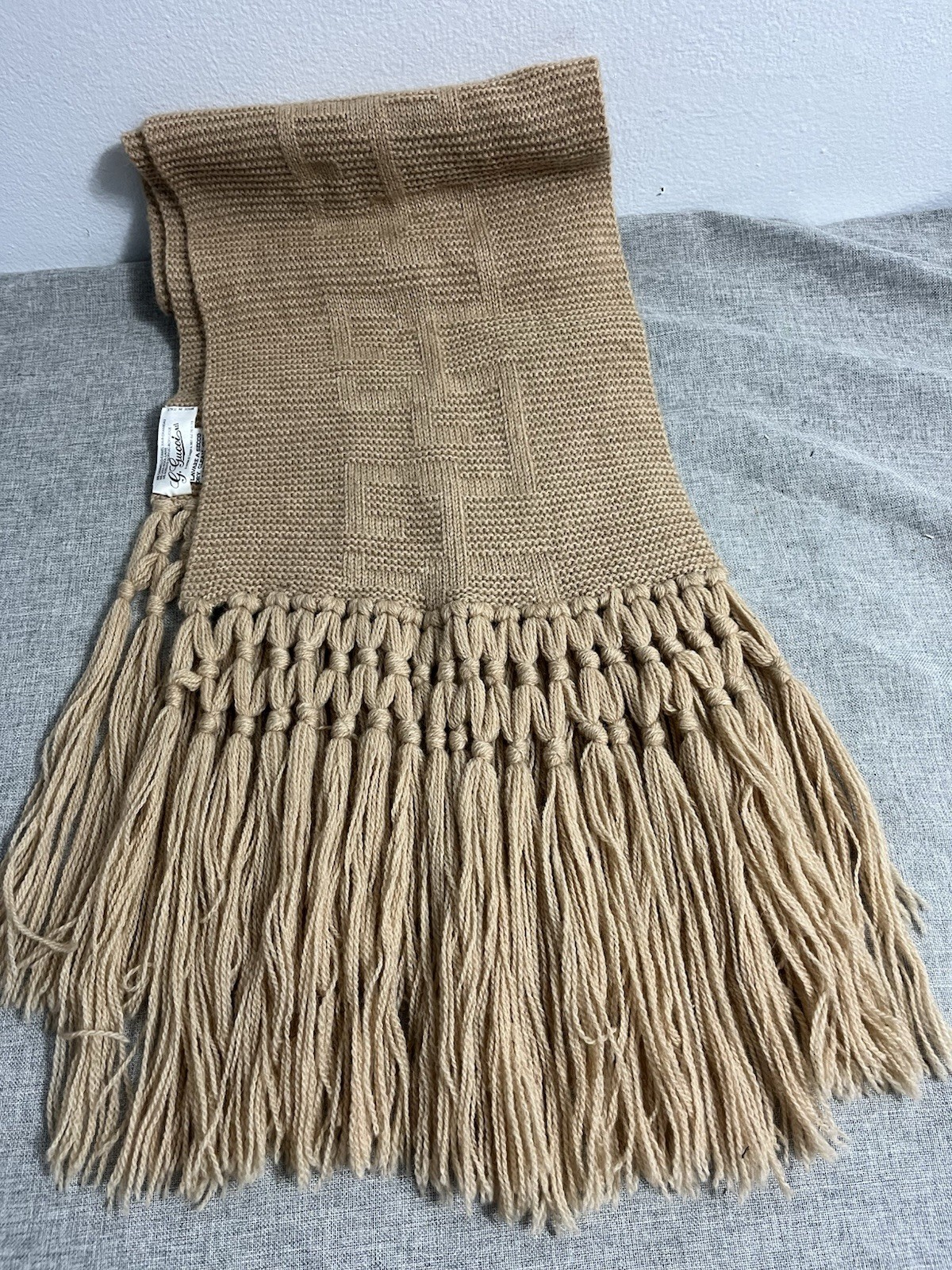 Vintage Gucci Wool Cable Knit Scarf Tan Brown Signature Oversized 82 Inches image 6