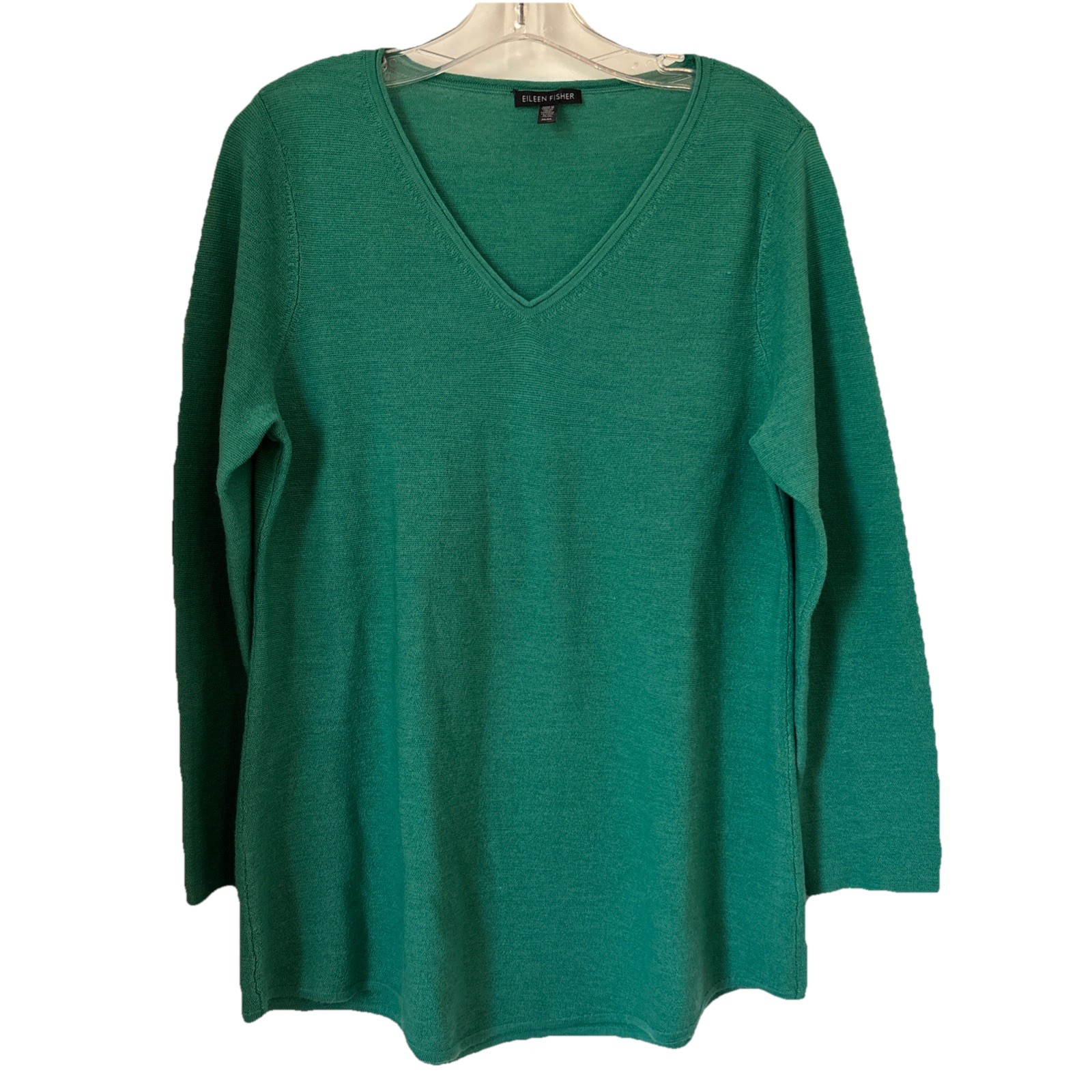 Eileen Fisher Merino Wool V Neck Tunic Sweater, Size M, Green