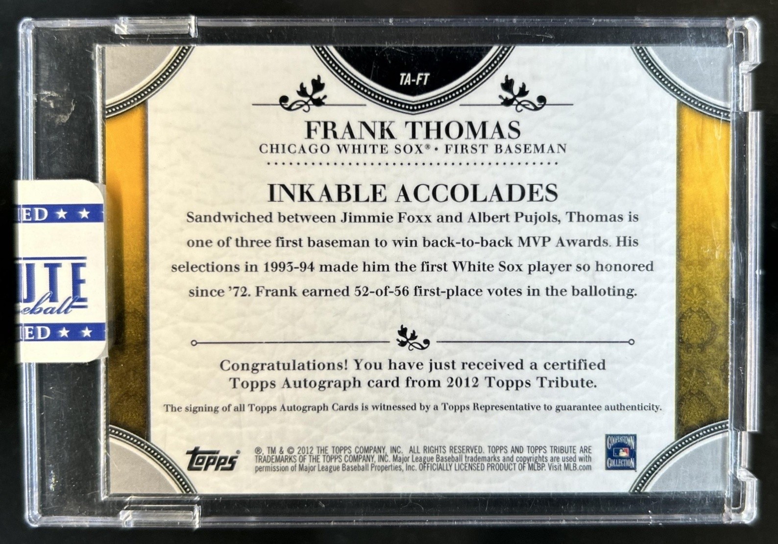2012 Topps Tribute Frank Thomas Auto Autograph Purple #1/1 White Sox view 2