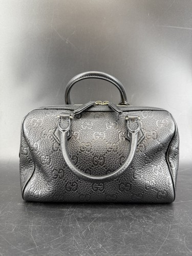 Authentic Gucci GG Emblem Mini Boston Black Leather Top Handle Bag w/ Dust Bag
