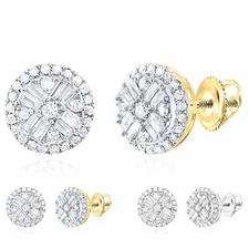 0.50CTW Natural Diamond Baguette Round 10K Gold Yellow White Stud Earrings 25mm