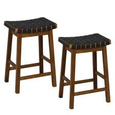 Set of 2 Woven Saddle Stools 25.5" Faux PU Leather Counter Height Kitchen Stool