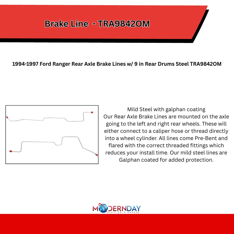 Kit de linha de freio de eixo traseiro compatível com 1994-1997 Ford Ranger 9 em tambores traseiros TRA9842OM - Imagem 3 de 4