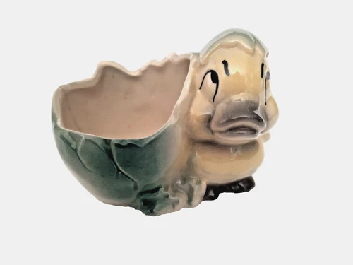Vintage-Shawnee Pottery Duckling In Egg Planter Green 1940s -HAS CRACK