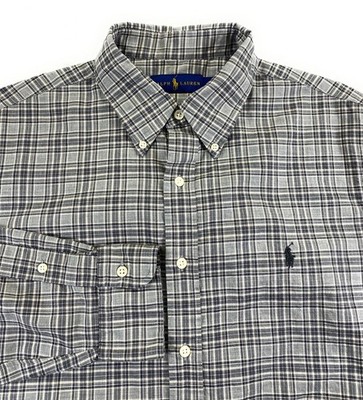 Ralph Lauren Polo Men's Button Down 100% Light Cotton Gray Plaid Shirt Large