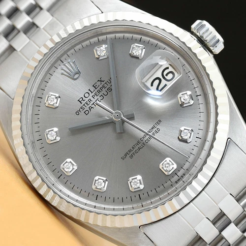 MENS ROLEX DATEJUST 1601 GRAY DIAMOND DIAL 18K WHITE GOLD BEZEL STEEL WATCH