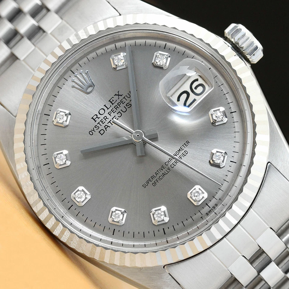 MENS ROLEX DATEJUST GRAY DIAMOND DIAL 18K WHITE GOLD & STAINLESS STEEL WATCH