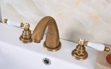 Antique Brass Bathroom Vanity Sink 3-Hole Two Handles Widespread Faucet aan070