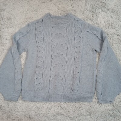 H&M Womens Sweater Blue Medium Wool Crochet Lantern Sleeve Sweatshirt Pullover