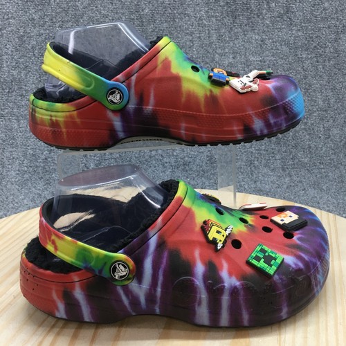 Crocs Clogs Mens 7 Multi Classic Lined Tie Dye Minecraft Slip On Faux Fur Rubber