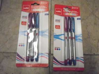  2 X 3pk Ballpoint Pens Cello  Superglide Fashion 1.0mm Elasto Grip Ink Colors
