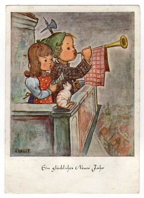 Artist postcard New Year by Arnulf Stegmann/the small duet (Dennoch-Verlag) 1953