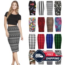 Womens Pencil Midi Skirt Ladies Office Printed Bodycon High Waist Skirt UK 8-26