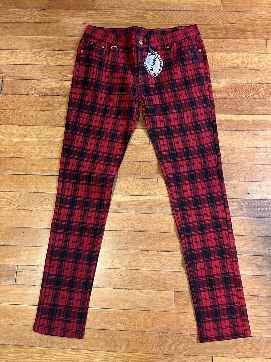 Hot Topic Red Plaid Jeans Banned Apparel Skinny Plaid Jeans Black